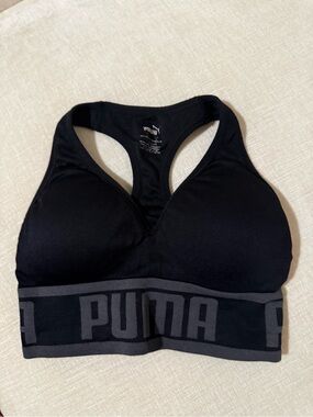 PUMA Black Racerback Supportive Sports Bra with Grey Logo Band